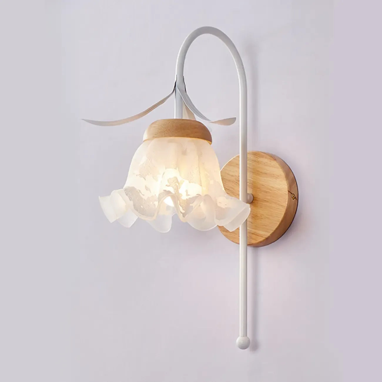 Elegant Floral Wall Sconce with Wooden Backplate for Bedside