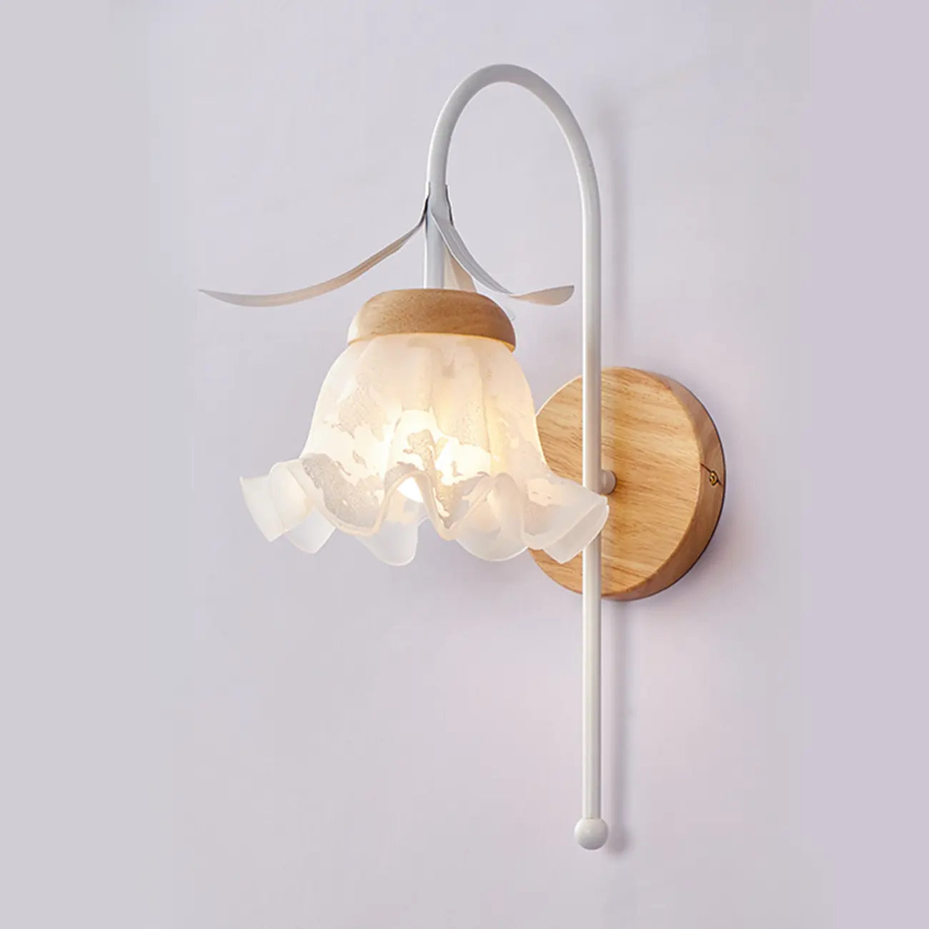 Elegant Floral Wall Sconce with Wooden Backplate for Bedside