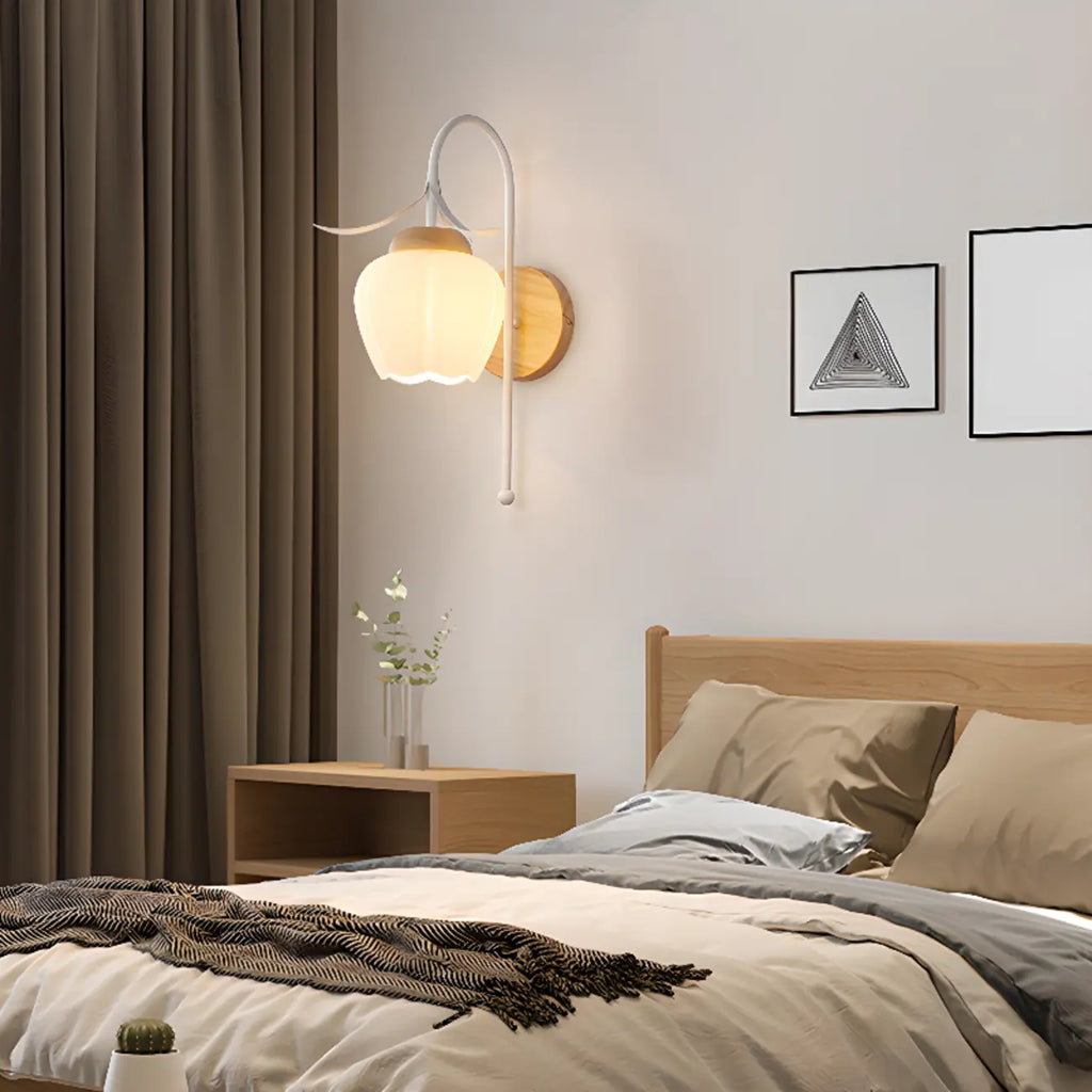 Elegant Floral Wall Sconce with Wooden Backplate for Bedside