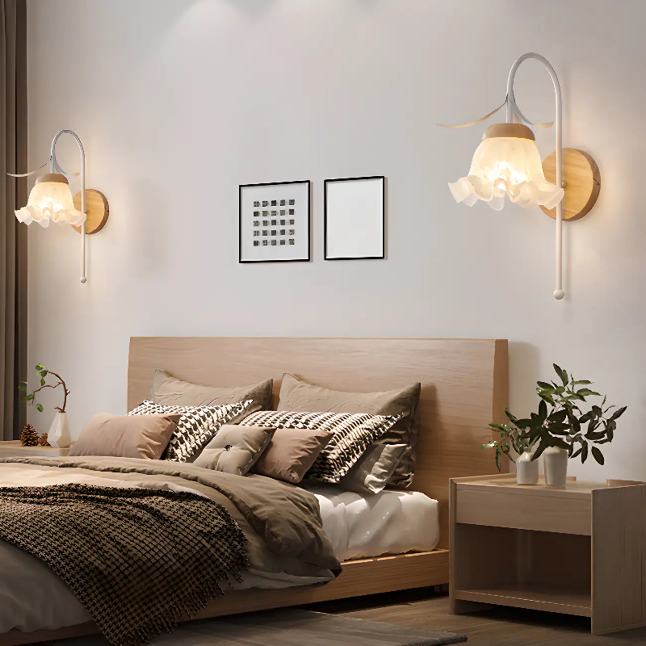 Elegant Floral Wall Sconce with Wooden Backplate for Bedside