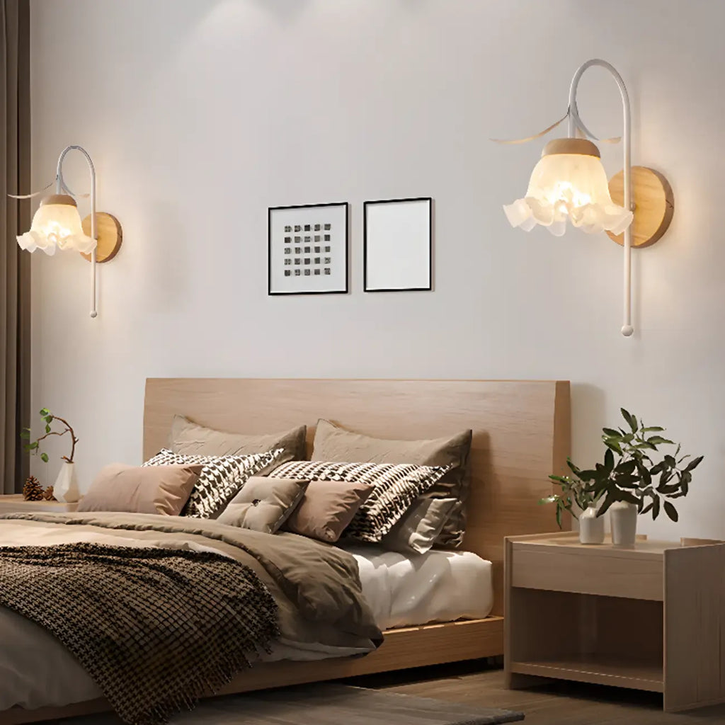 Elegant Floral Wall Sconce with Wooden Backplate for Bedside