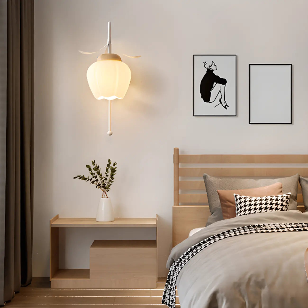 Elegant Floral Wall Sconce with Wooden Backplate for Bedside