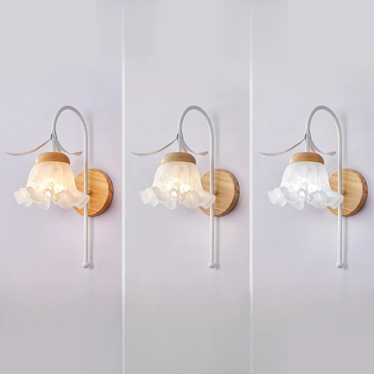 Elegant Floral Wall Sconce with Wooden Backplate for Bedside