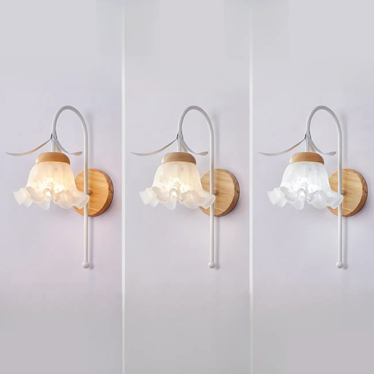 Elegant Floral Wall Sconce with Wooden Backplate for Bedside
