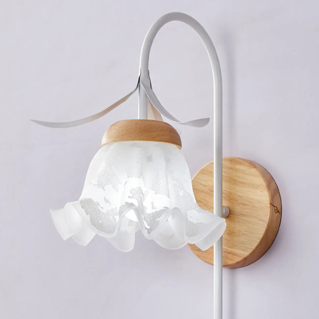 Elegant Floral Wall Sconce with Wooden Backplate for Bedside