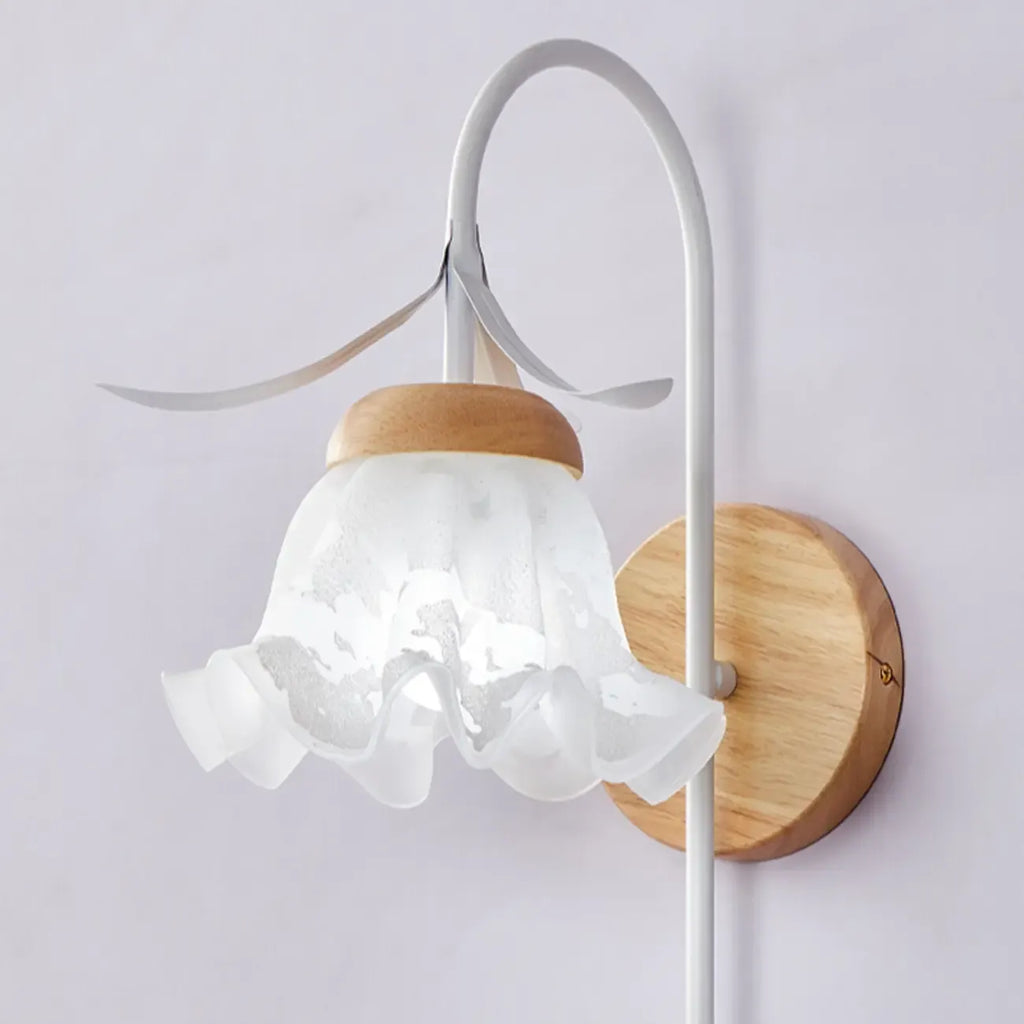 Elegant Floral Wall Sconce with Wooden Backplate for Bedside