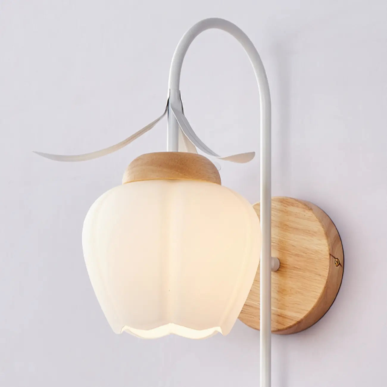 Elegant Floral Wall Sconce with Wooden Backplate for Bedside