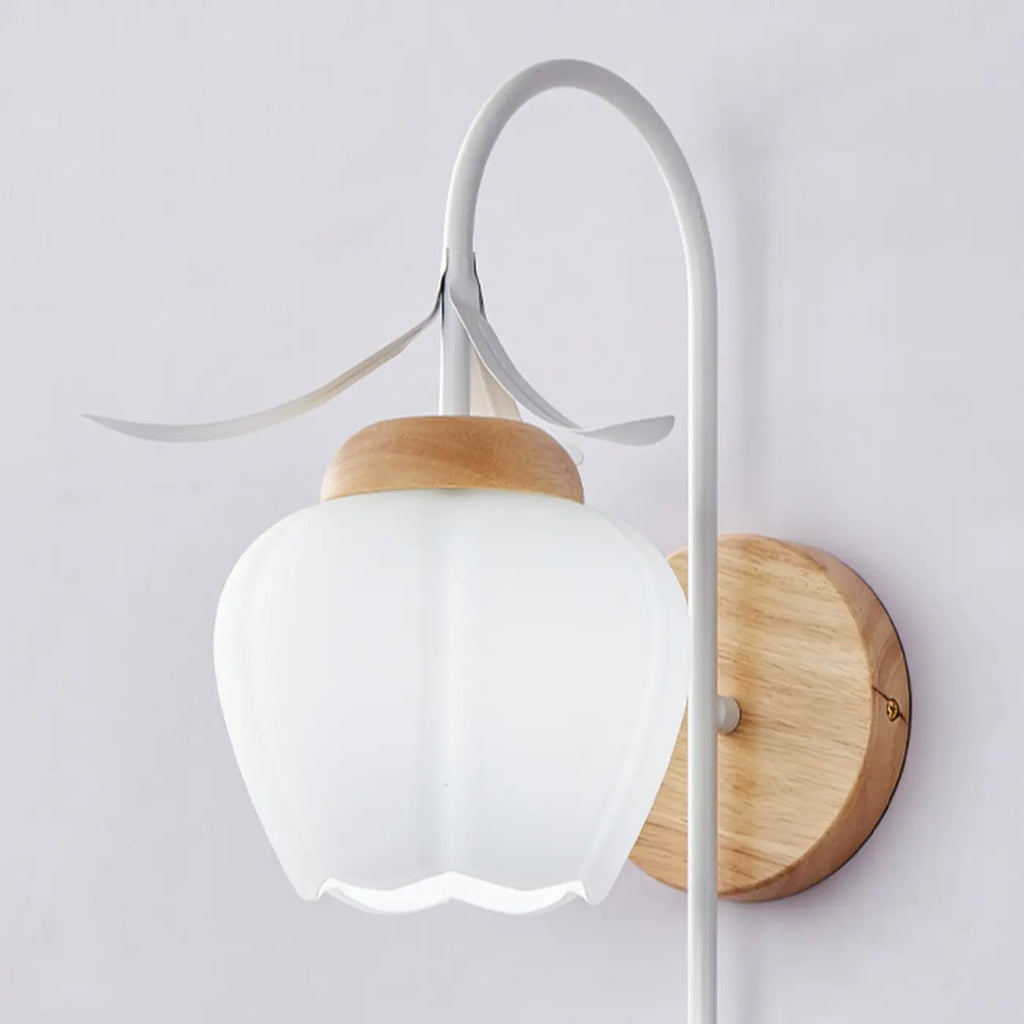 Elegant Floral Wall Sconce with Wooden Backplate for Bedside
