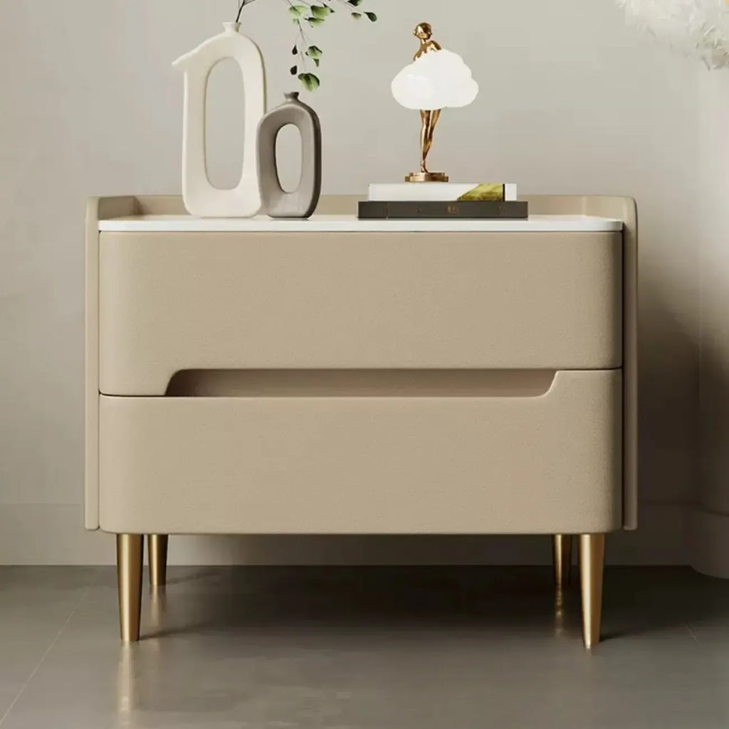 Modern Bedside Table with Marble Top & Storage Drawers