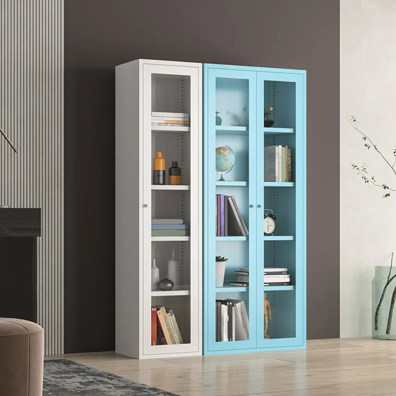 Modern Steel Glass Adjustable Shelves Display Storage Cabinet