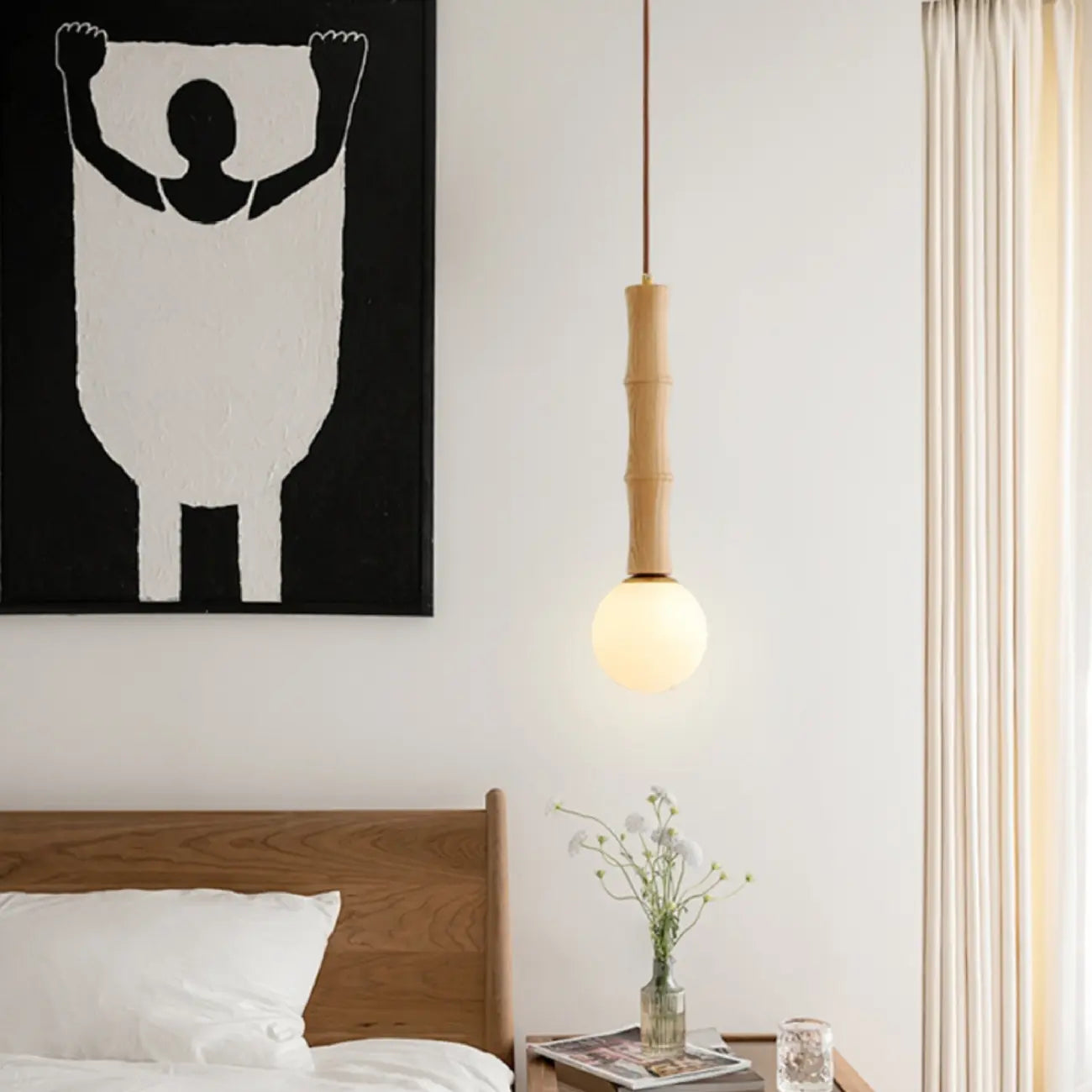 Adjustable Wood & Glass Globe Hanging Pendant Light Fixture