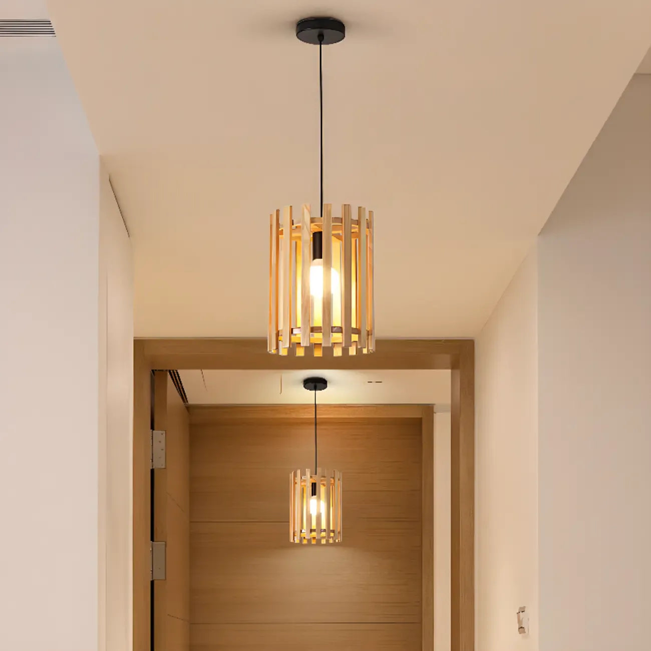 Adjustable Height Rustic Cylinder Wooden Pendant Light