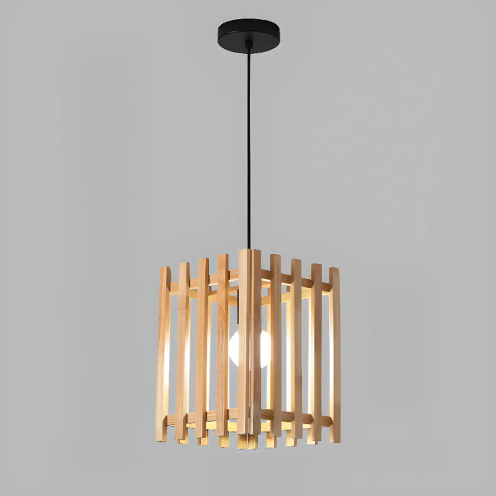 Adjustable Height Rustic Cylinder Wooden Pendant Light