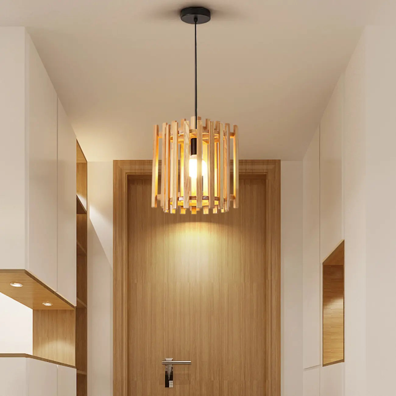 Adjustable Height Rustic Cylinder Wooden Pendant Light