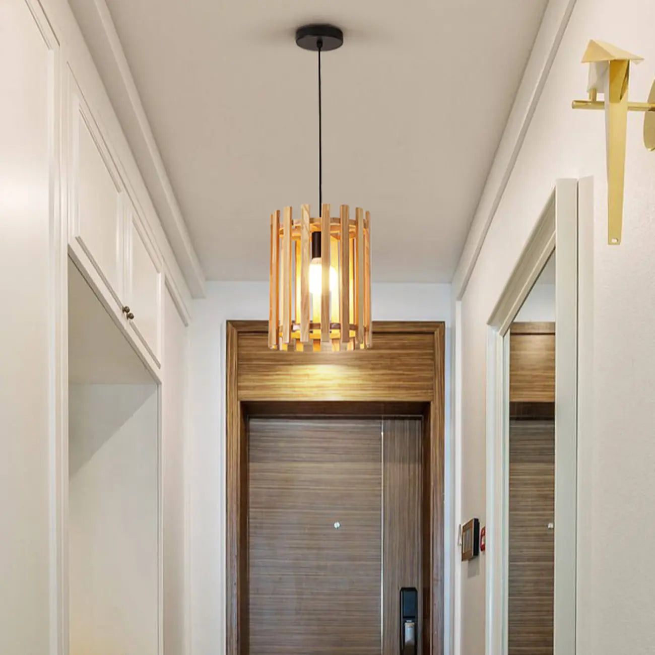 Adjustable Height Rustic Cylinder Wooden Pendant Light
