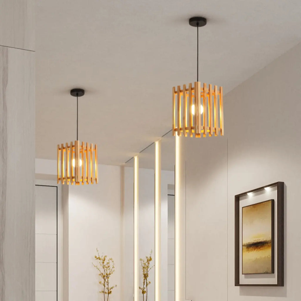 Adjustable Height Rustic Cylinder Wooden Pendant Light