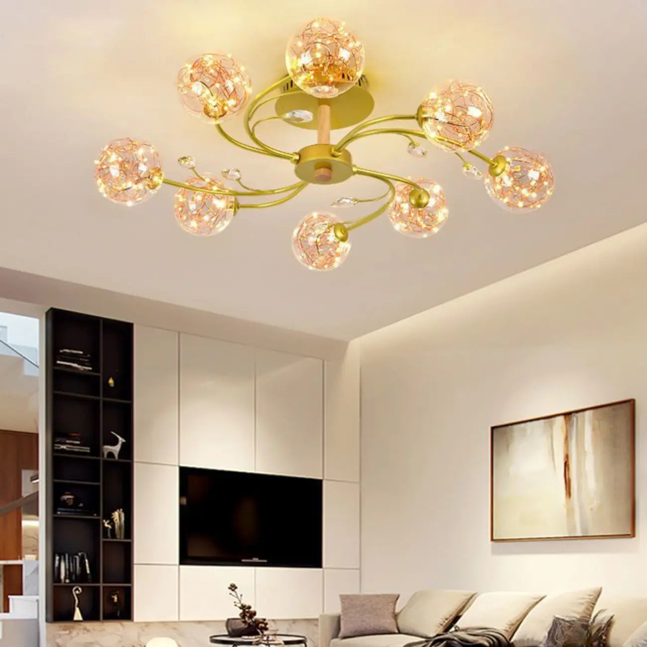 Crystal Globe Shade Gold Semi Flush Mount Light 3-Gear Dimming
