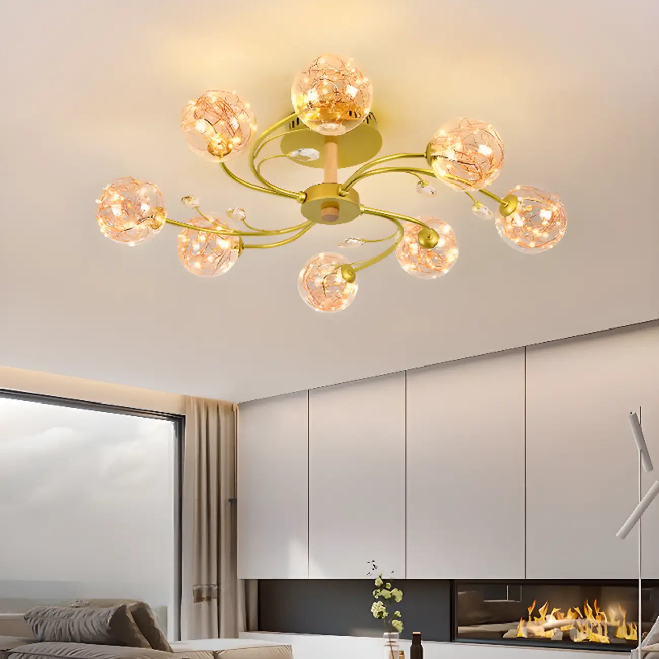 Crystal Globe Shade Gold Semi Flush Mount Light 3-Gear Dimming
