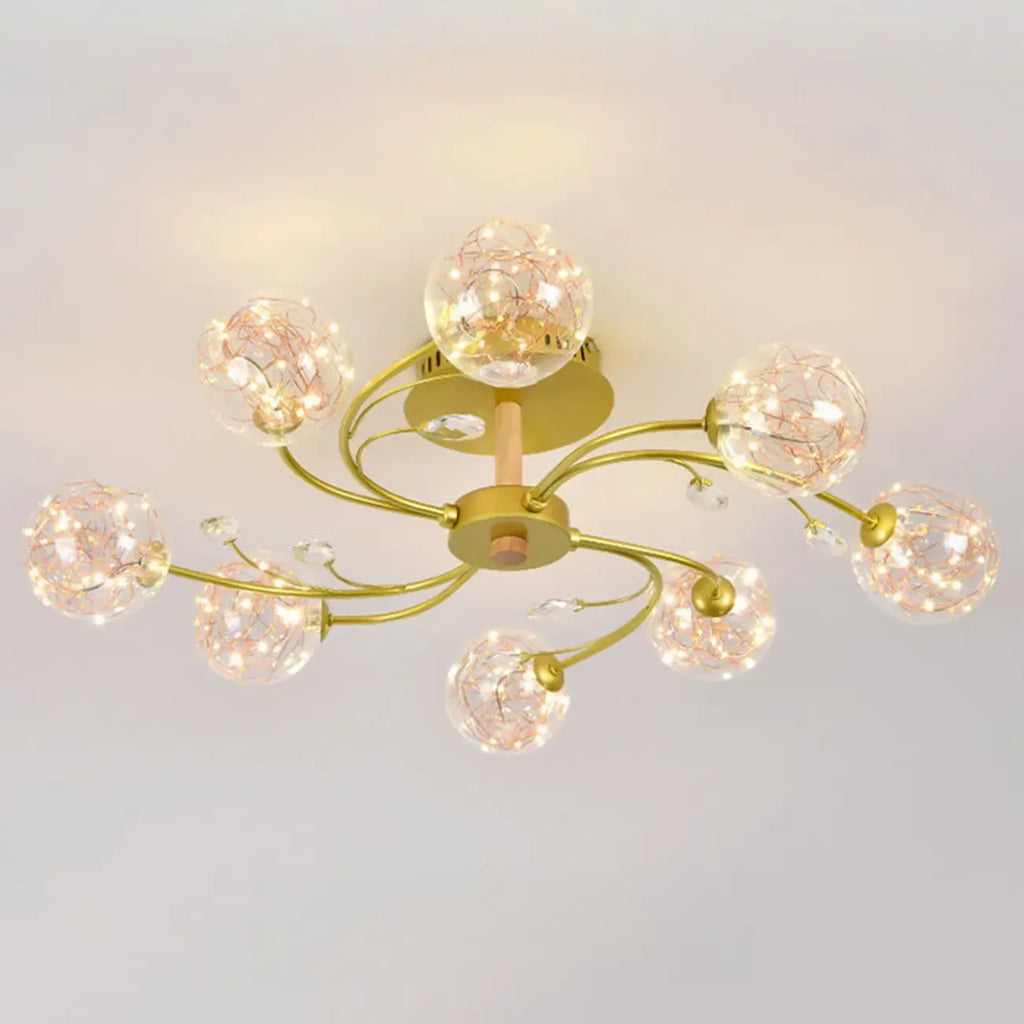 Crystal Globe Shade Gold Semi Flush Mount Light 3-Gear Dimming