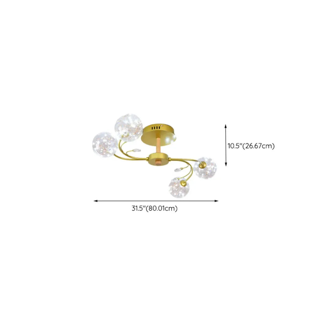 Crystal Globe Shade Gold Semi Flush Mount Light 3-Gear Dimming