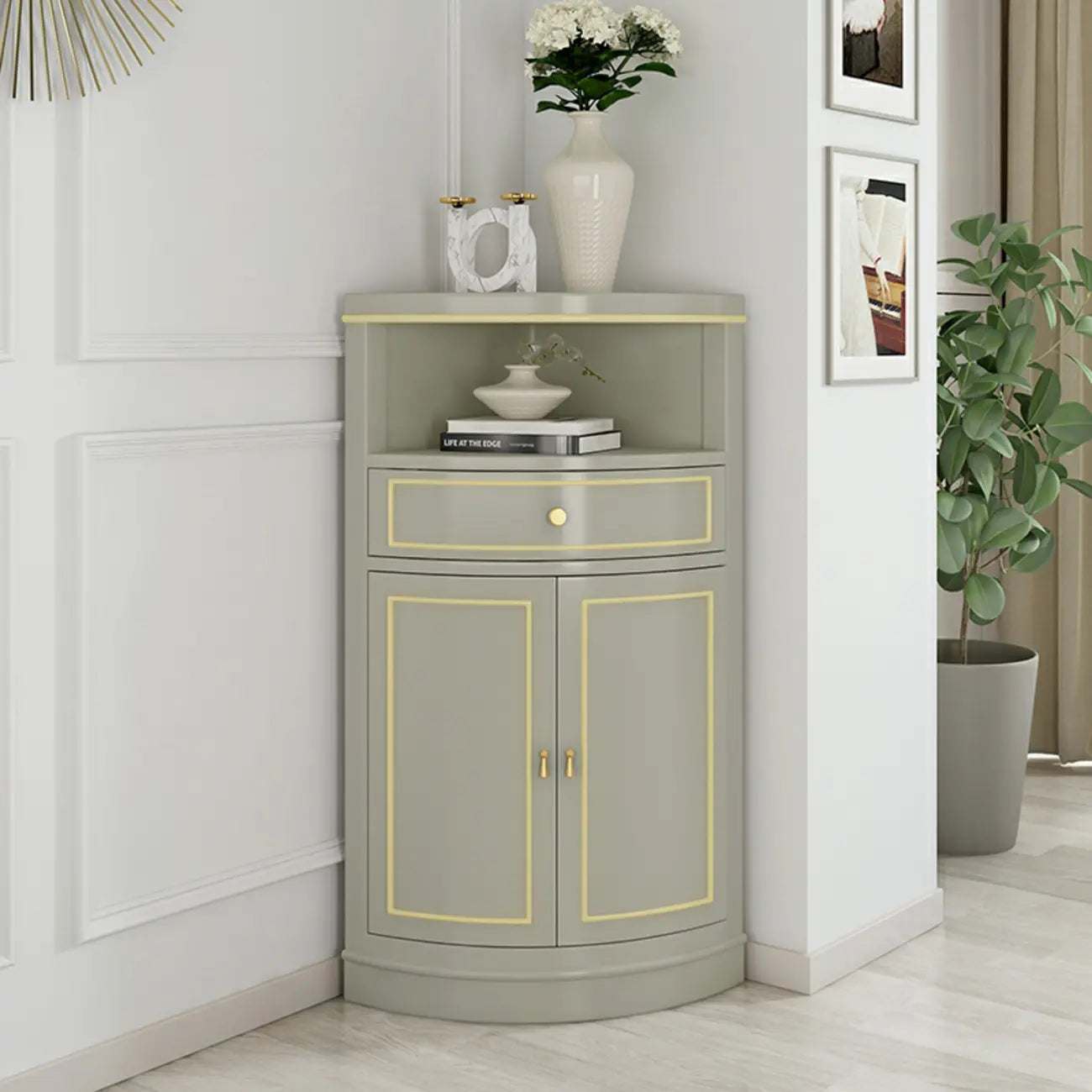 Antique Grey Wooden Gold Accent Corner Cabinet
