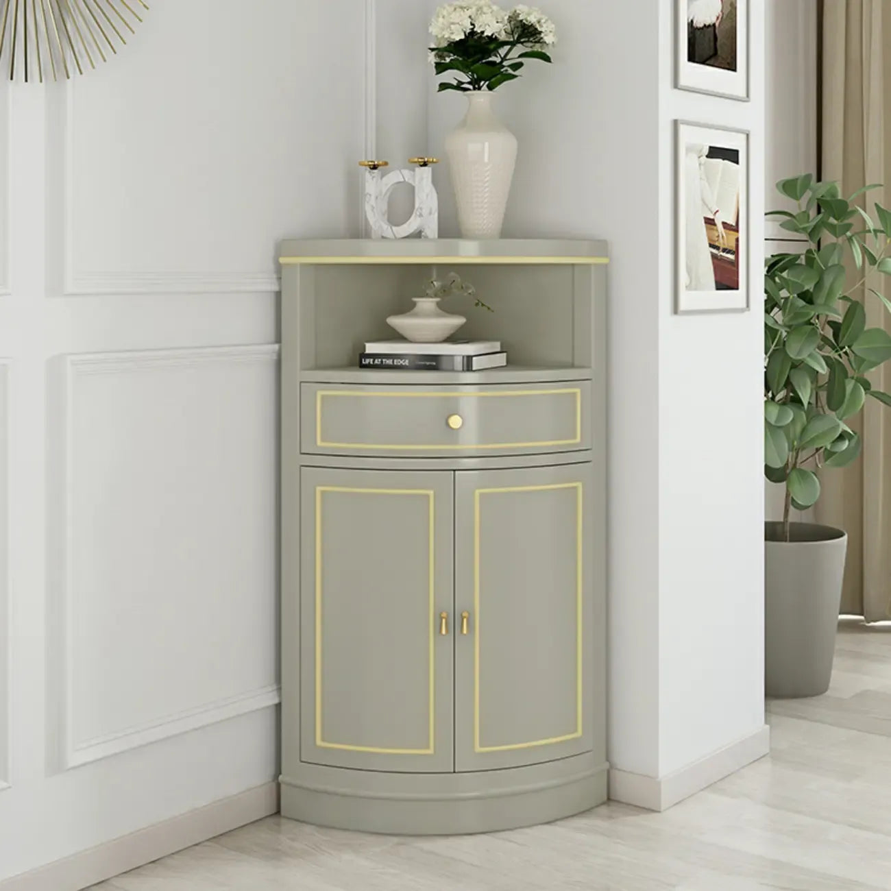 Antique Grey Wooden Gold Accent Corner Cabinet