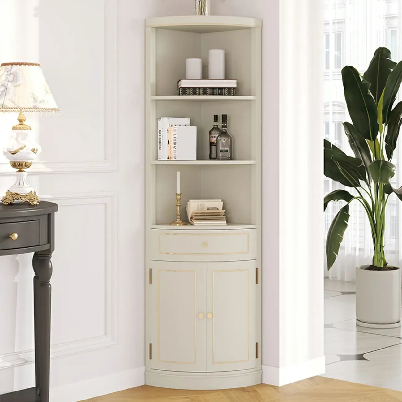 Antique Grey Wooden Gold Accent Corner Cabinet