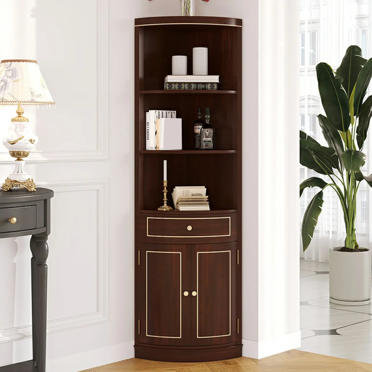 Antique Grey Wooden Gold Accent Corner Cabinet