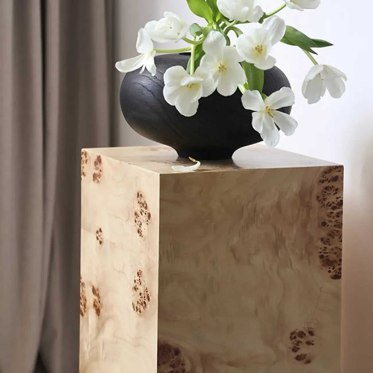 Light Wood Cylinder Sofa Side Table with Block Base