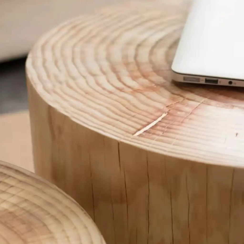 Natural Wood Drum-Shaped Nesting Chairside Table