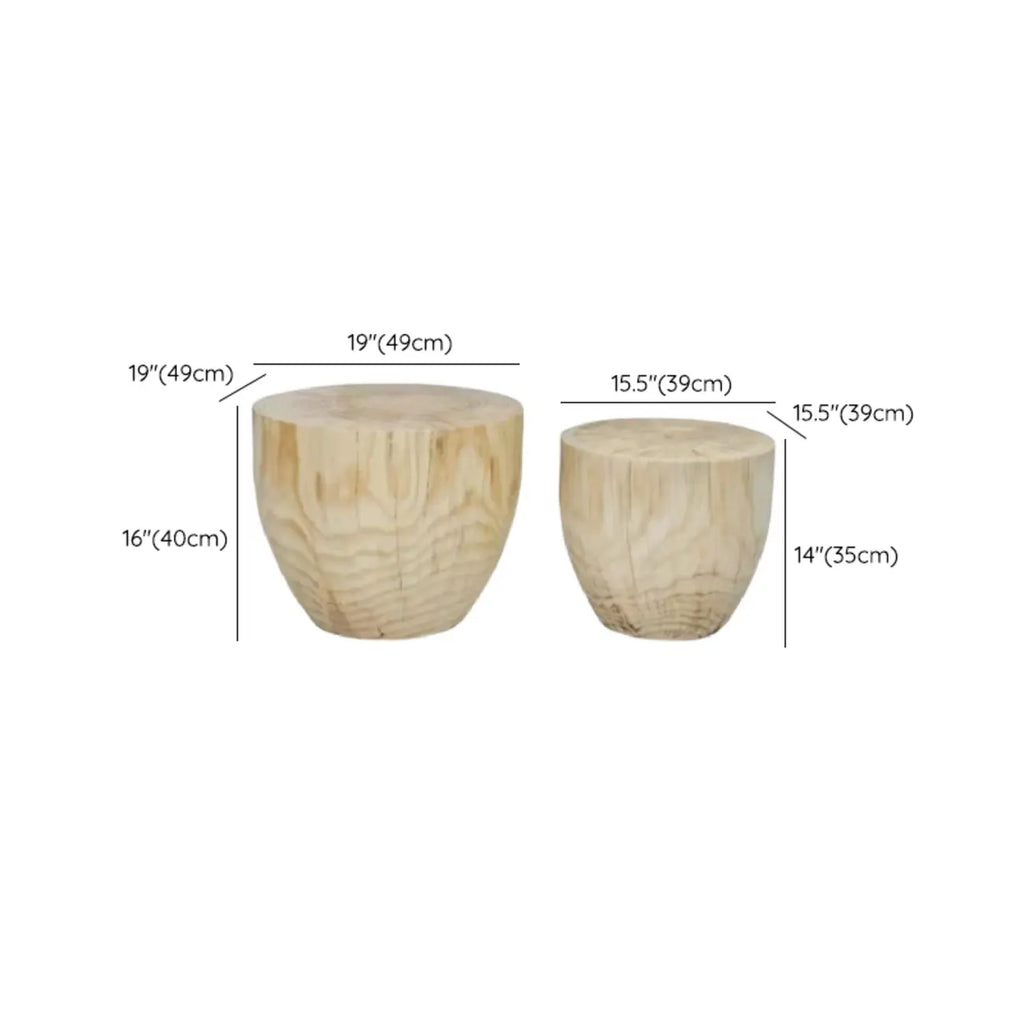 Natural Wood Drum-Shaped Nesting Chairside Table
