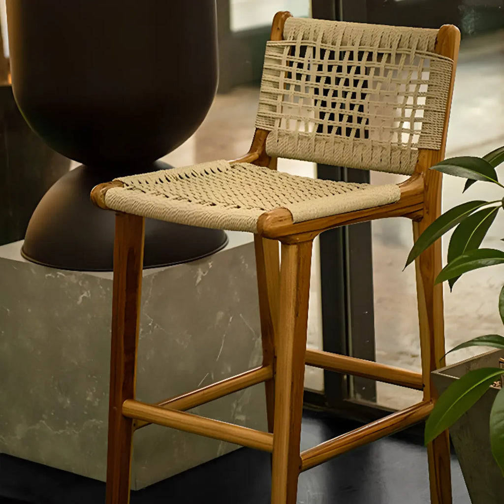 Rustic Wood Wicker Seat Counter Bar Stools with Back