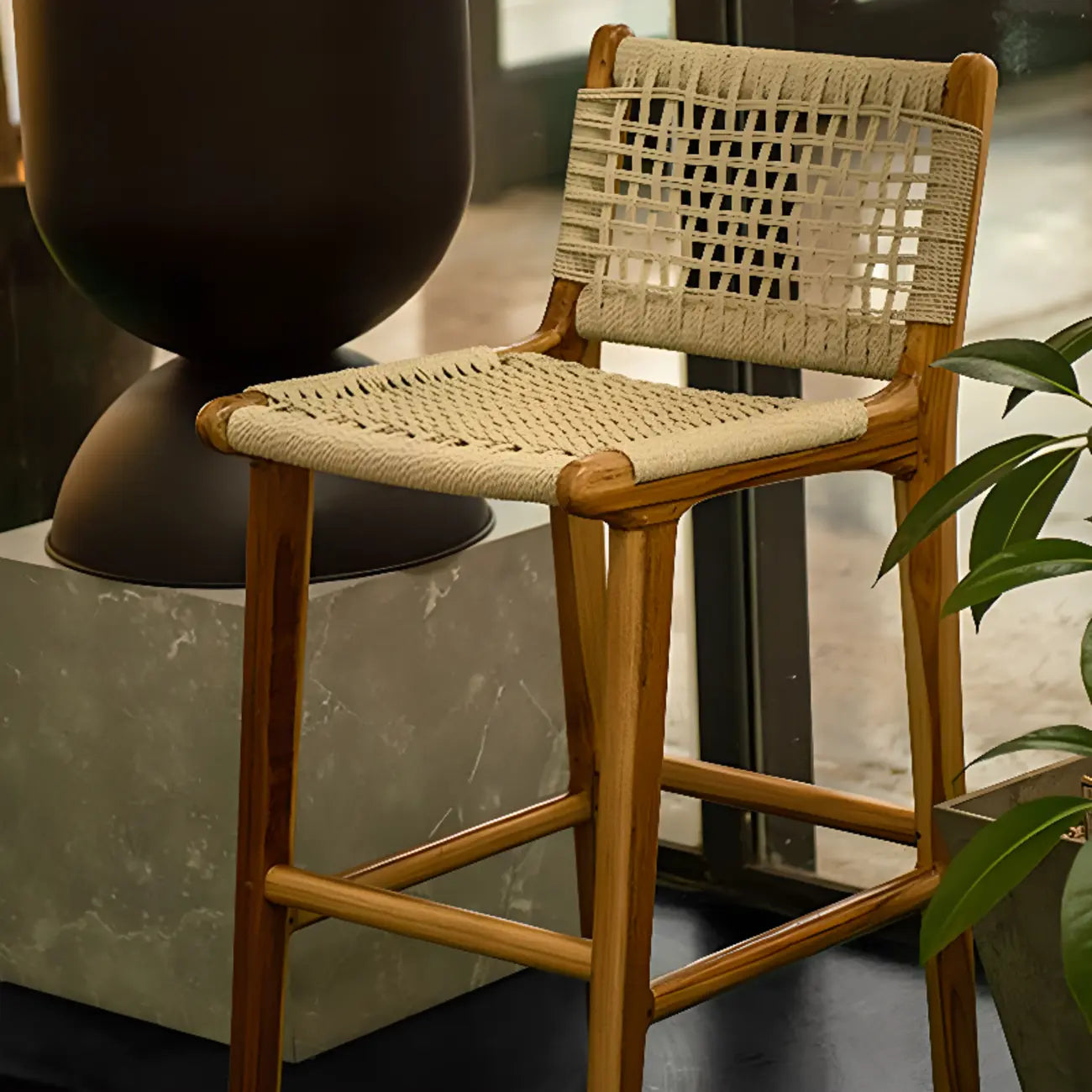 Rustic Wood Wicker Seat Counter Bar Stools with Back