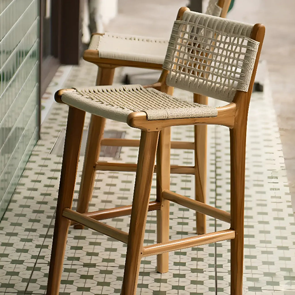 Rustic Wood Wicker Seat Counter Bar Stools with Back