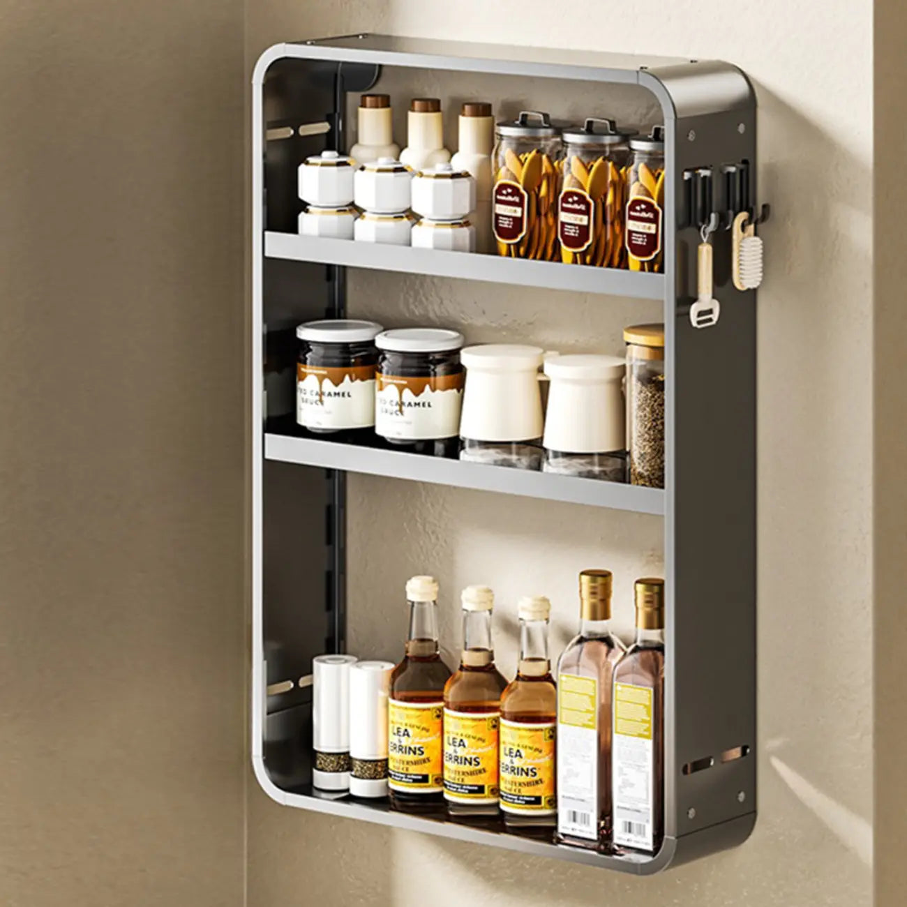 Adjustable Metal Wall-Mounted Kitchen Storage Racks with Hooks