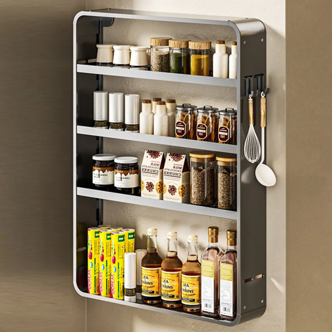 Adjustable Metal Wall-Mounted Kitchen Storage Racks with Hooks