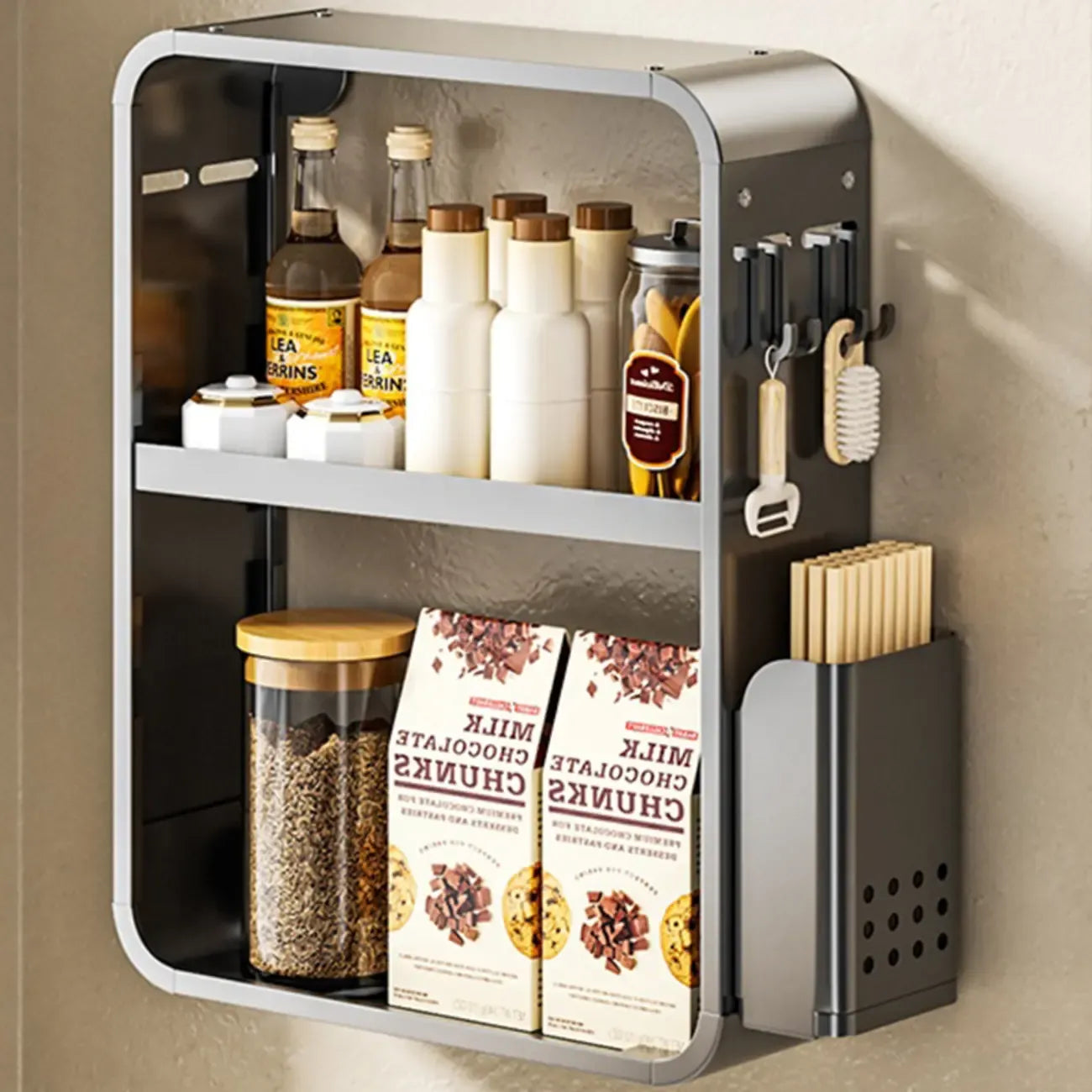 Adjustable Metal Wall-Mounted Kitchen Storage Racks with Hooks