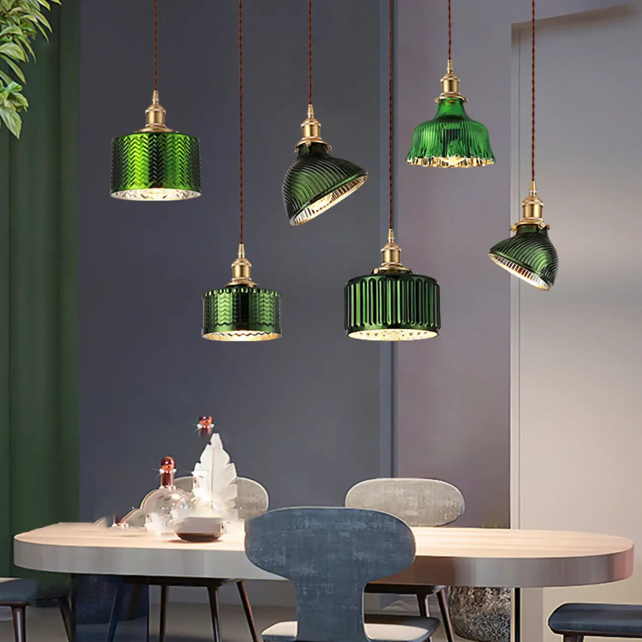 Modern Green Glass Pendant Light Adjustable for Kitchen Dining