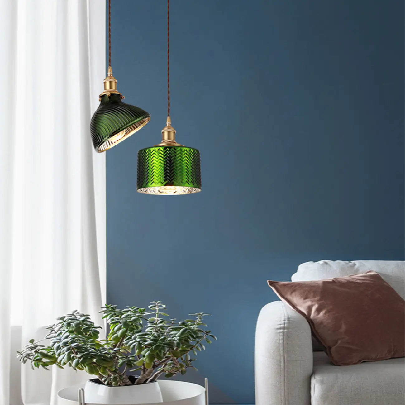 Modern Green Glass Pendant Light Adjustable for Kitchen Dining