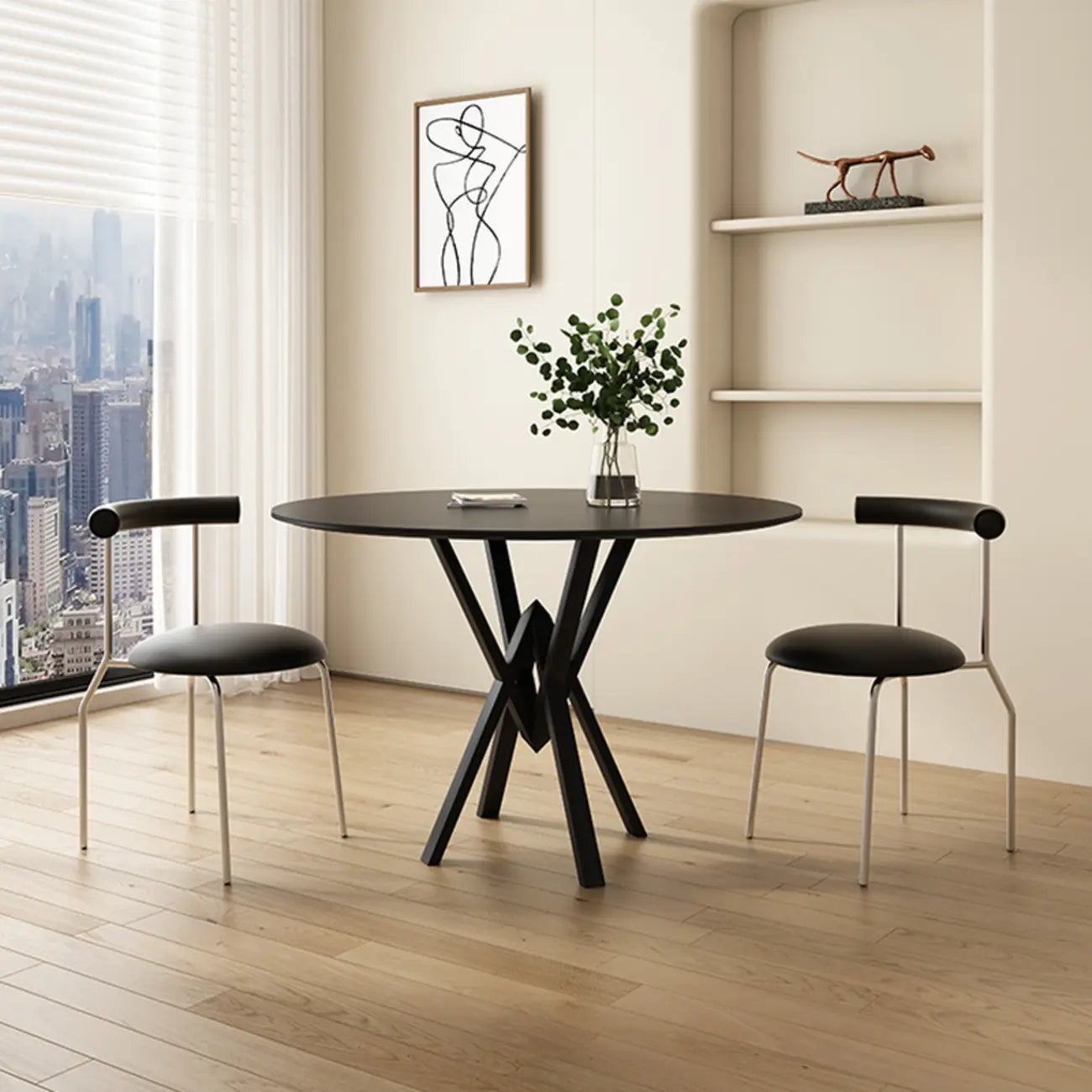 Solid Black Metal Stone Round Dining Table