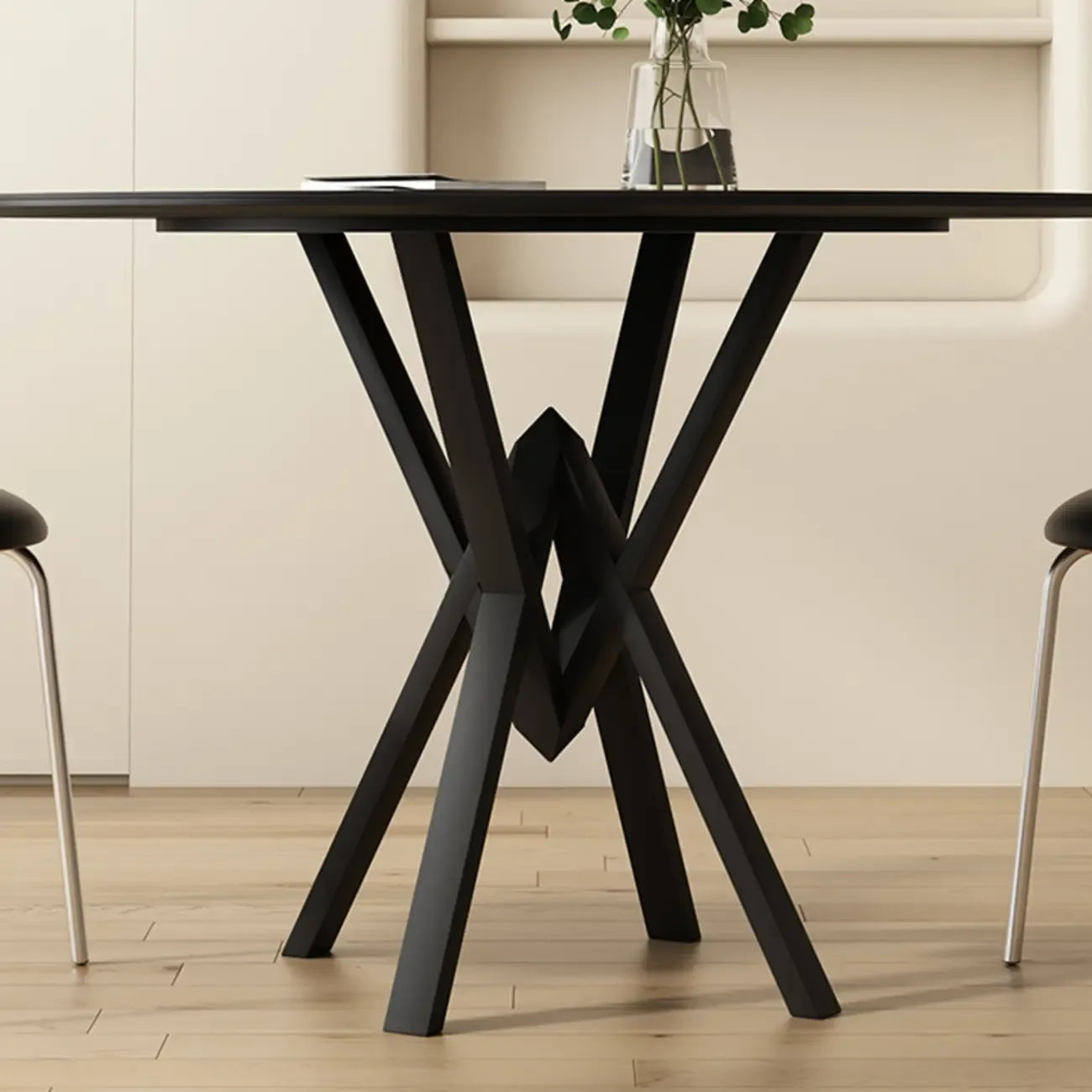Solid Black Metal Stone Round Dining Table