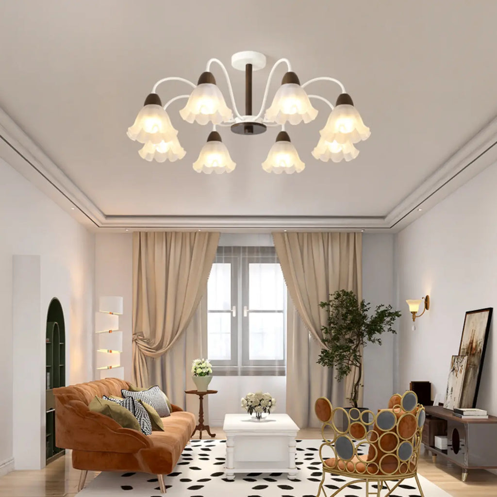 Elegant Down Floral Glass Shade Wood Semi Flush Ceiling Light