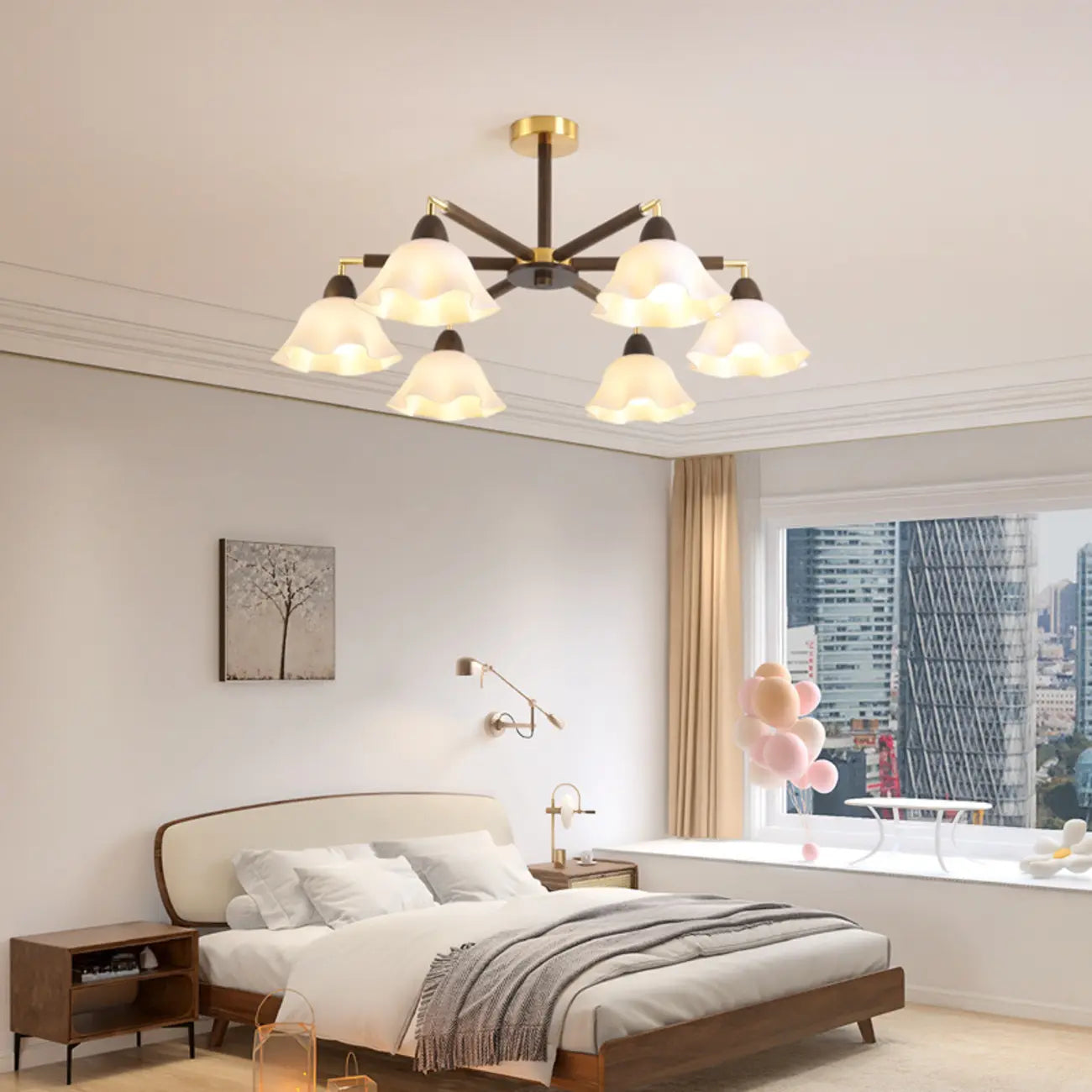 Elegant Down Floral Glass Shade Wood Semi Flush Ceiling Light