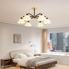 Elegant Down Floral Glass Shade Wood Semi Flush Ceiling Light