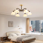 Elegant Down Floral Glass Shade Wood Semi Flush Ceiling Light