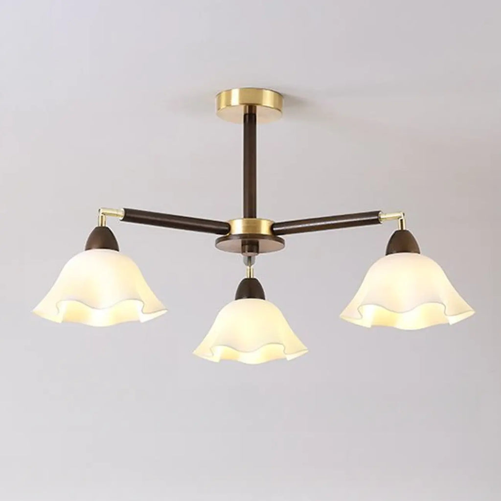Elegant Down Floral Glass Shade Wood Semi Flush Ceiling Light