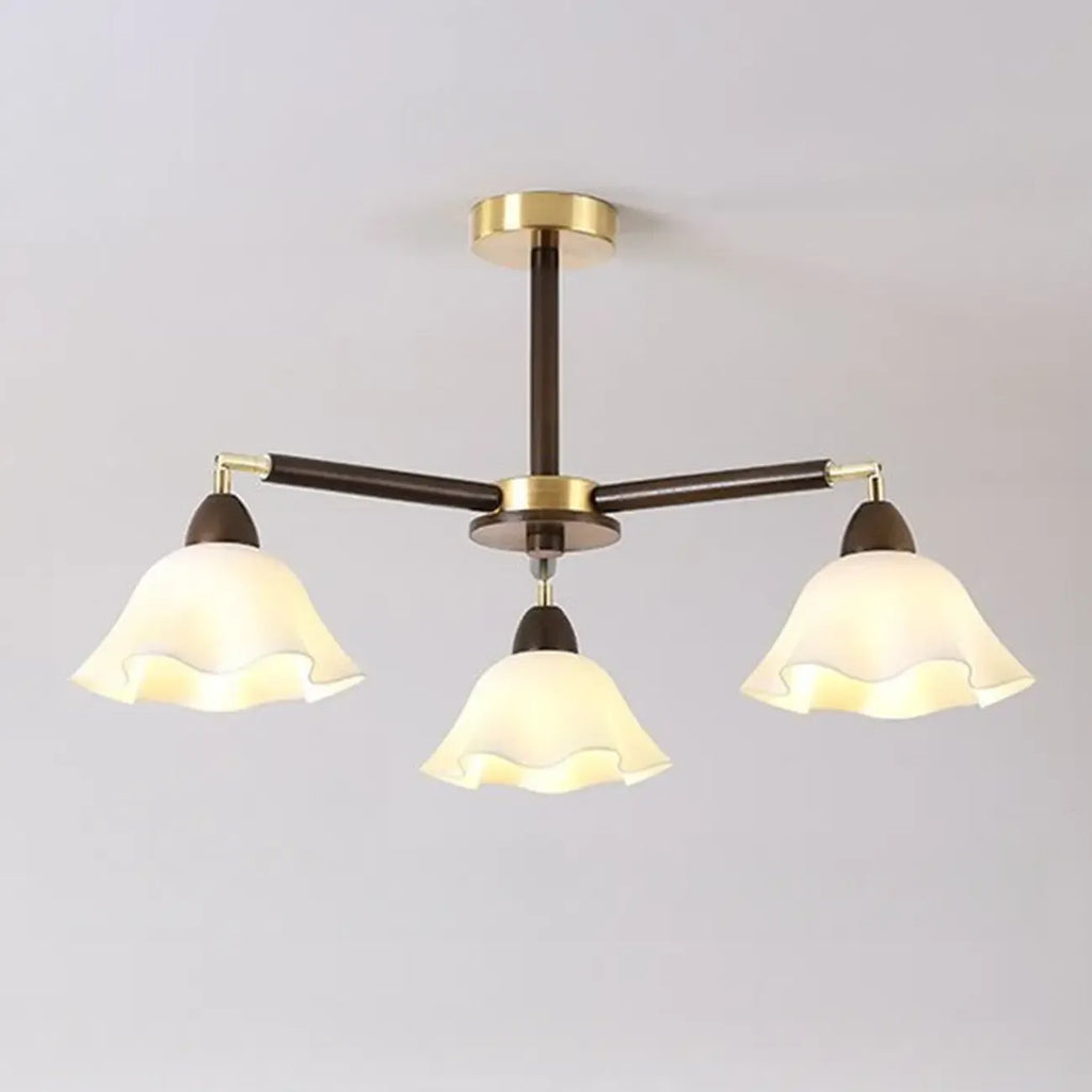 Elegant Down Floral Glass Shade Wood Semi Flush Ceiling Light