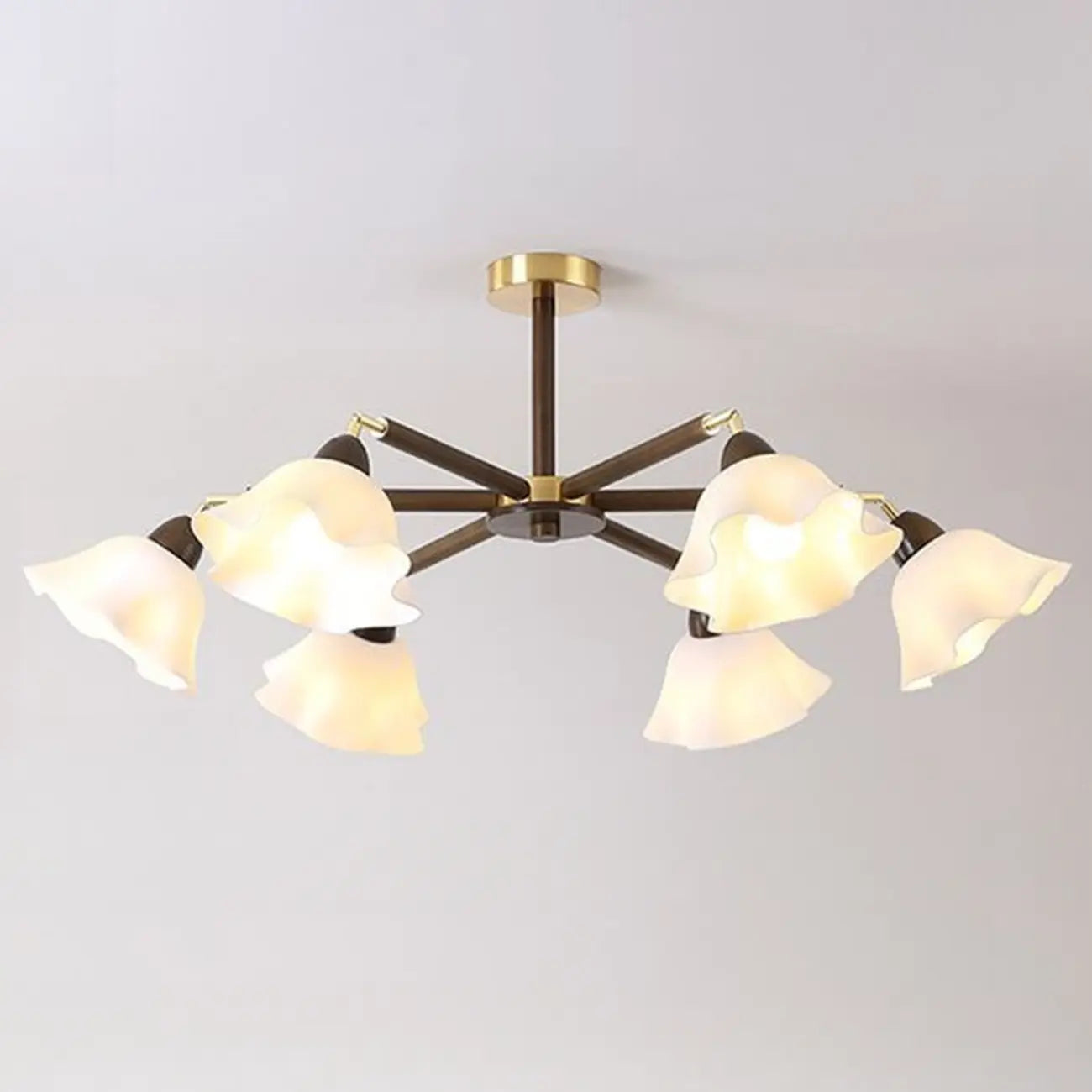 Elegant Down Floral Glass Shade Wood Semi Flush Ceiling Light