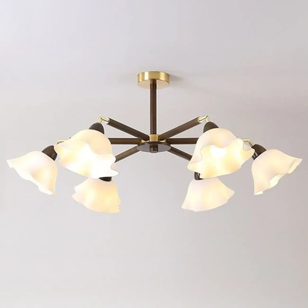 Elegant Down Floral Glass Shade Wood Semi Flush Ceiling Light