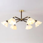 Elegant Down Floral Glass Shade Wood Semi Flush Ceiling Light